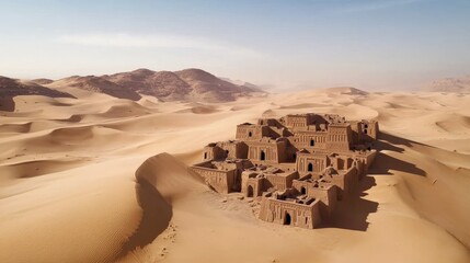 Aerial view of the Sahara Desert with ancient ruins peeking through the golden sands