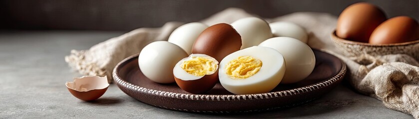 Protein rich as simple classic snack with shell concept. A collection of boiled eggs arranged on a wooden plate.
