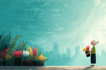 Woman Holding Flower Bouquet in Urban Landscape Illustration