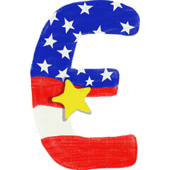 Patriotic A-Z letters and 0-9 numbers in USA flag design. Perfect for 4th of July, Flag Day, crafts, classroom decor, and printables. PNG with transparent bac	