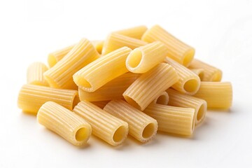 A pile of raw penne pasta isolated on white background