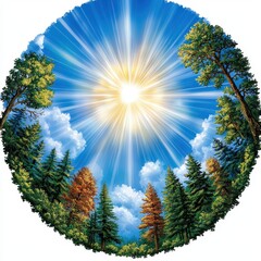 Radiant Sunburst Over a Lush Tree Framed Landscape in Circular Vista with Vivid Colors