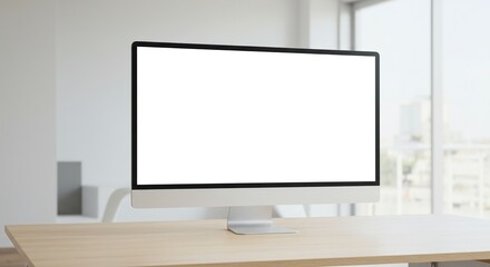 Computer monitor mockup on desk in office workspace for website presentation and digital marketing use on transparent background