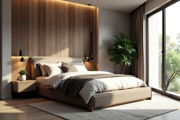 Cozy and modern bedroom nestled within a wall, featuring built-in shelving and ample natural light Ideal for small spaces, maximizing functionality and style , design, furniture, space saving