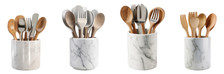 A collection of marble utensil storage items isolated on a transparent background