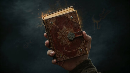 Ancient Grimoire in Hand: A hand clutches an ancient, leather-bound grimoire, its pages seemingly ablaze with mystical energy. The dark background hints at arcane secrets.