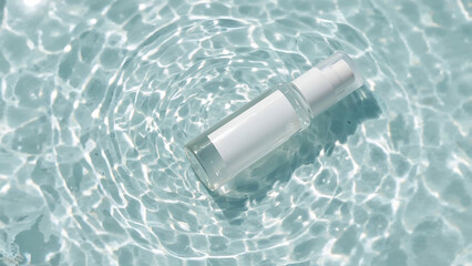Minimalist Clear Bottle Floating on Bright Water with Sunlight Reflections