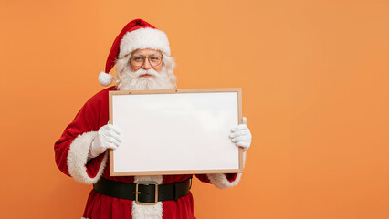 Santa Claus Holding Blank Message Board on Orange Background for Holiday Themes