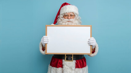 Santa Claus with Blank Signboard on Blue Background – Festive Christmas Portrait for Custom Message or Holiday Promotion
