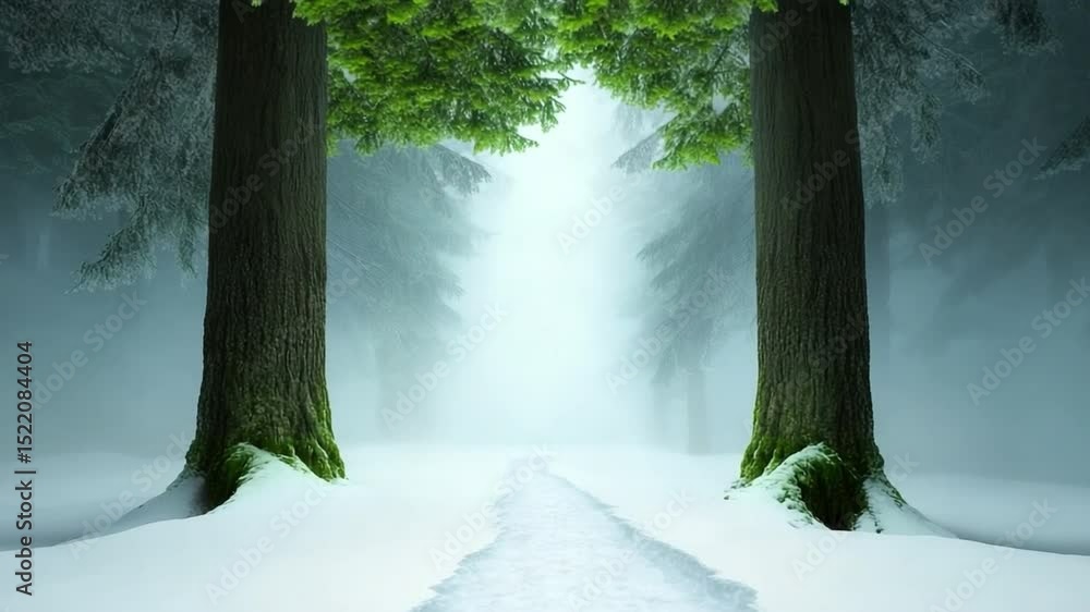 Poster mystic winter forest path: the image features a snow-covered path through a tranquil winter forest. 