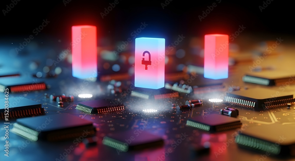 Poster illuminated circuit board with chips and glowing blocks including a padlock symbol