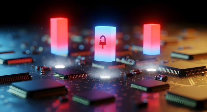 Illuminated circuit board with chips and glowing blocks including a padlock symbol