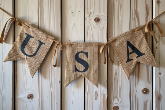 USA decorative banner hanging on wooden wall.