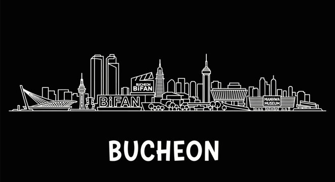 Bucheon Korea Skyline with Cityscape, Outline, and Black.