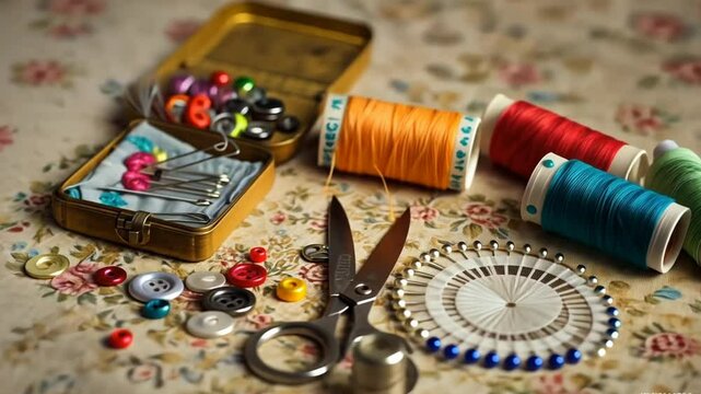 Retro sewing items: tailoring scissors, cutting knife, thimble, wooden thread spools, cushion for including pins, fabrics and sewing accessories.