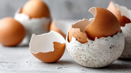 Clean eating as a simple snack in kitchen concept. Freshly cracked eggshells on a textured surface.