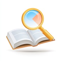 Detailed Illustration of an Open Book with a Magnifying Glass in Bright Colors