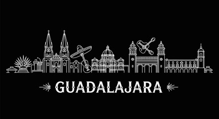 Obraz premium Guadalajara Skyline Mexico with White Line art.