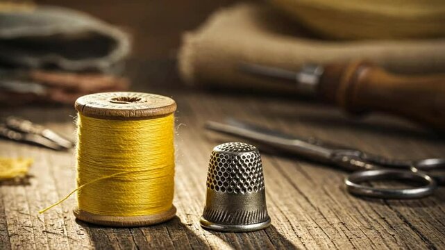 Retro sewing items: tailoring scissors, cutting knife, thimble, wooden thread spools, cushion for including pins, fabrics and sewing accessories.