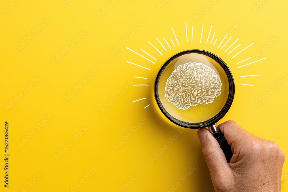 Poster exploring knowledge with a magnifying glass on a brain illustration against a yellow background