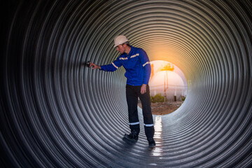 Construction surveyor or engineer working in pipe construction site for inspection detail of...
