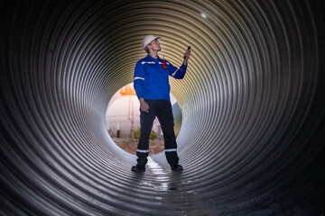 Construction surveyor or engineer working in pipe construction site for inspection detail of...