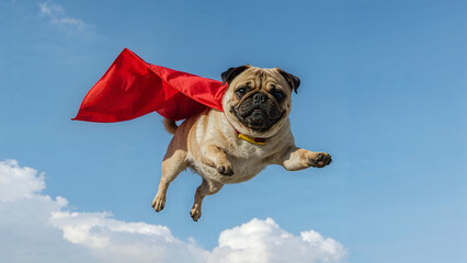 Flying Superhero Pug with Cape – Whimsical and Playful Dog in the Sky
