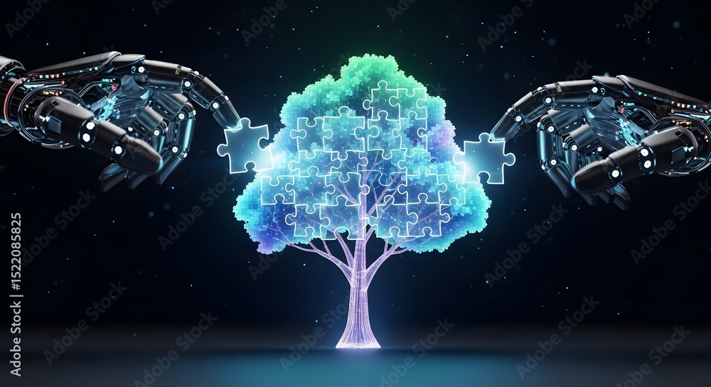 Aufkleber robotic hands completing a puzzle tree with glowing edges on a dark background