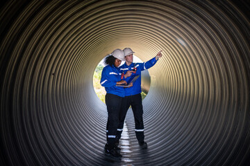 Construction surveyor or engineer working in pipe construction site for inspection detail of...