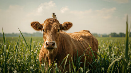 Cow Standing in a Field With Bird Resting on Its Head