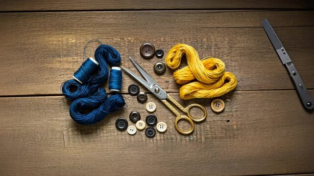Retro sewing items: tailoring scissors, cutting knife, thimble, wooden thread spools, cushion for including pins, fabrics and sewing accessories.