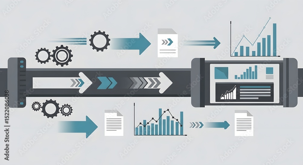 Poster illustration of data processing pipeline with gears documents and charts on gray background