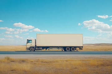 Blank White Truck on Road in Open Landscape Under Blue Sky with Clouds
