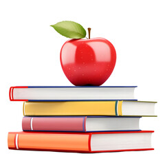 stack colorful books with red apple isolated on transparent background