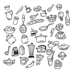 Hand drawn doodle set of kitchen items. Vector illustration.
