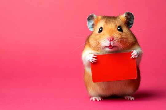 Minimal pet photo shoot. Isolated baby animal on a solid uniform pink background. Plush creature in studio. Cute baby animal hamster hold in front paws a prototype - large red zoo sign.