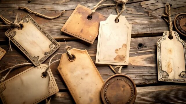 Collection of vintage paper tags with string ties on a rustic, textured wooden surface, displaying an aged and antique aesthetic.