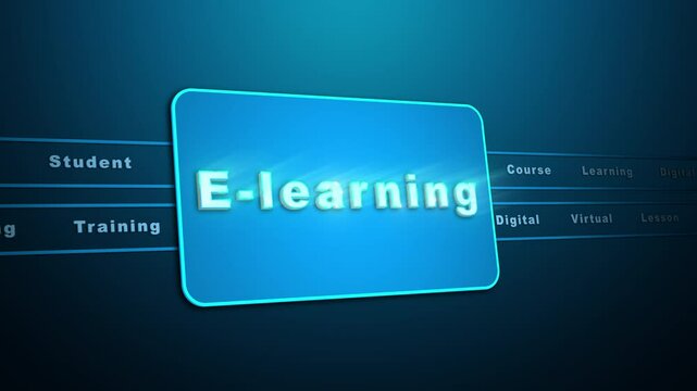 E-learning concept with glowing blue interface, digital training elements and keywords, looped animation