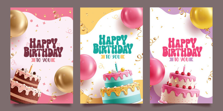 Happy birthday invitation card clipart set poster. Birthday greeting text and wishes clip art with cake and colorful balloons decoration elements collection in abstract background vector illustration.