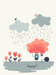 Country Retro Bunny & Hedgehog in Garden: Pastel Tulip Scene with 'Happy!' Message | Kawaii Minimalist Illustration