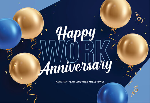 Happy work anniversary clipart design. Company office celebration greeting text clip art with blue and gold balloons floating for another years success background vector illustration. 

