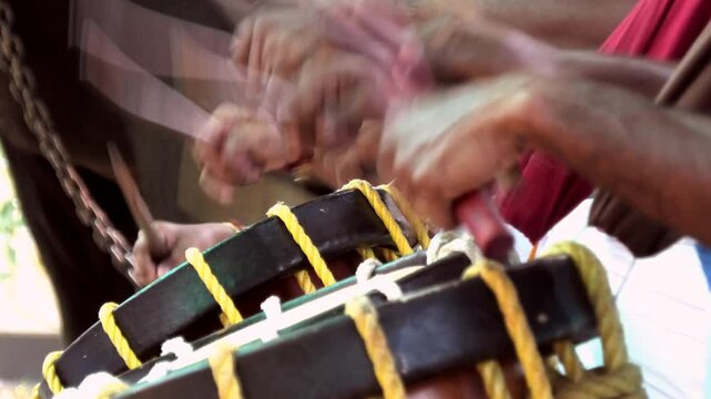 Artists performing Chendamelam, a traditional South Indian percussion orchestra	