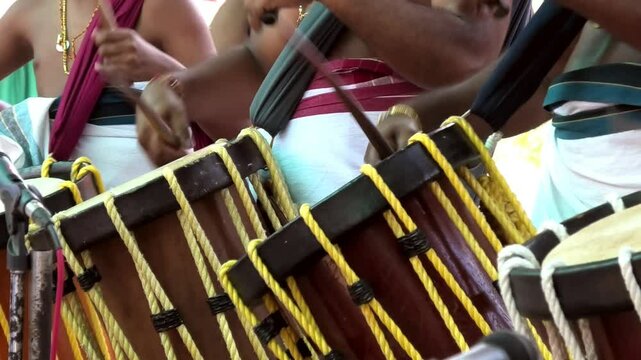Artists performing Chendamelam, a traditional South Indian percussion orchestra	