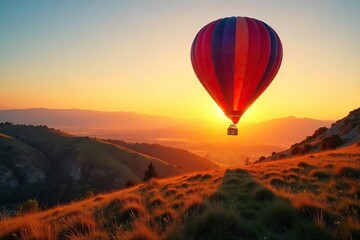 Fototapeta premium A vibrant hot air balloon takes flight at sunrise, casting a long shadow on the tranquil landscape below Perfect for travel, adventure, and freedom concepts , peaceful, dream