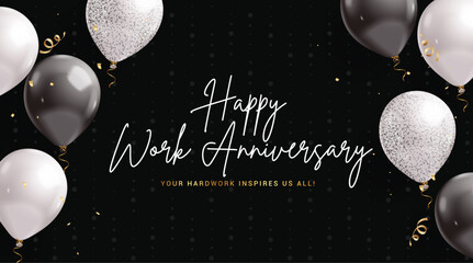 Happy work anniversary black clipart banner. Work anniversary greeting text with balloons floating clip art in elegant background for company celebration design vector illustration. 

