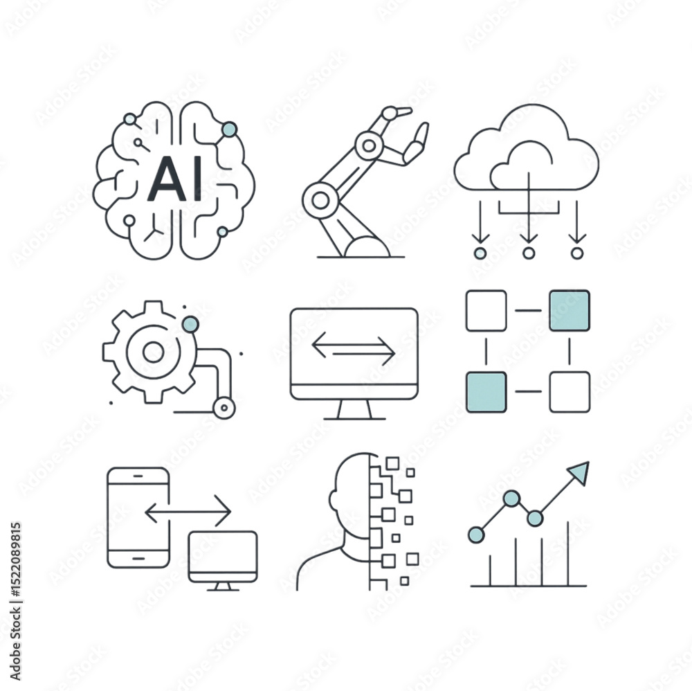 Poster artificial intelligence technology icons set depicting ai brain, robotic arm, cloud computing, data 