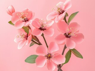Naklejka premium Delicate Pink Blossoms with Green Leaves Against a Soft Pink Background