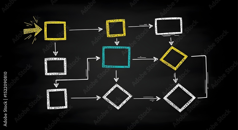 Poster flowchart diagram with boxes and diamonds connected by arrows on black background