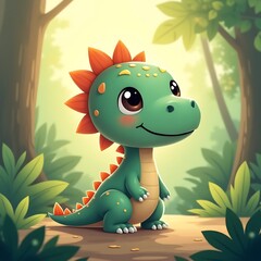 Naklejka premium Cute Green Dinosaur Cartoon in a Forest Illustration