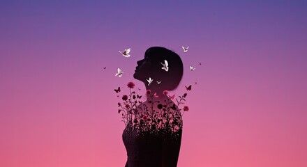 Silhouette of a woman, surrounded by flowers and birds, against a vibrant sunset gradient